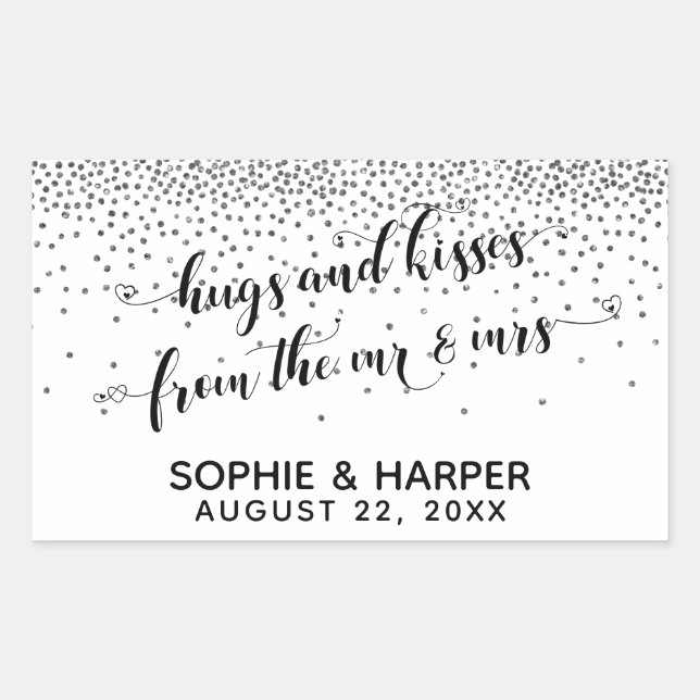 Hugs and Kisses from the Mr & Mrs Silver Confetti Rectangular Sticker (Front)