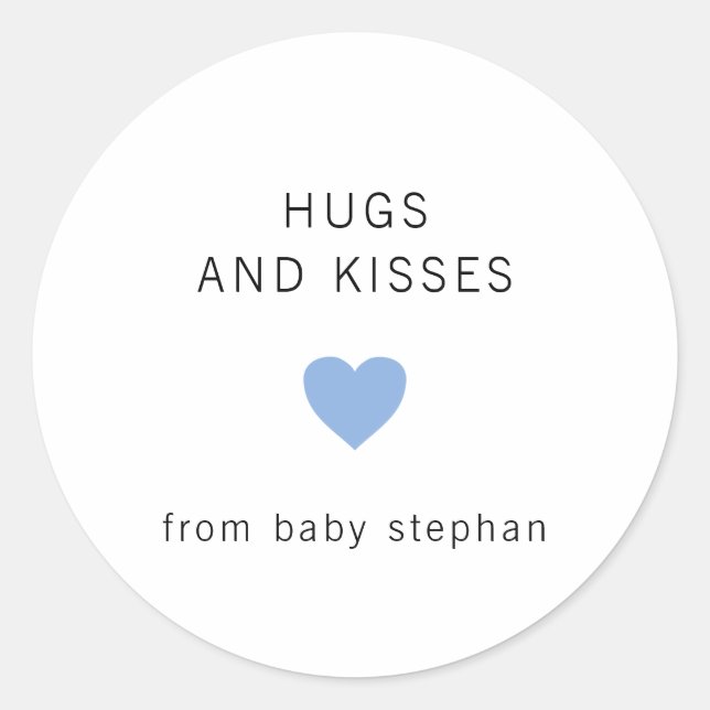 Hugs and Kisses Modern Blue Boy Baby Shower Classic Round Sticker (Front)
