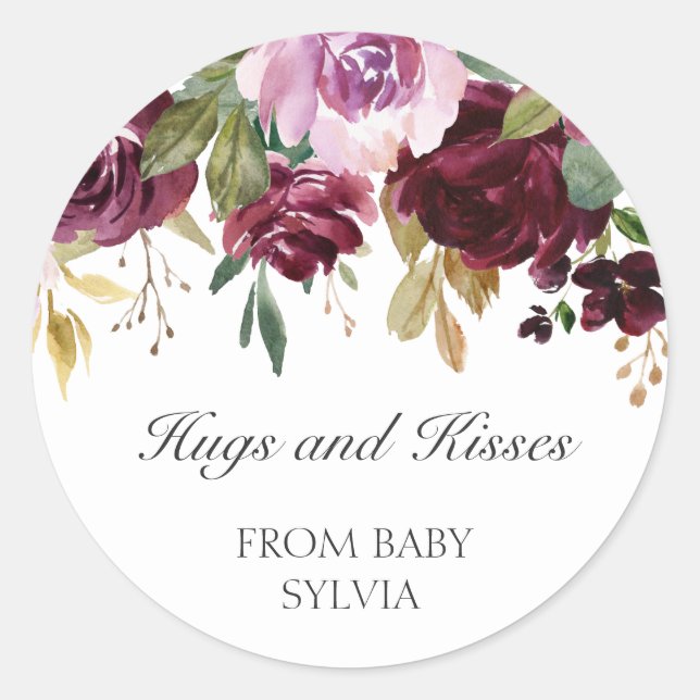 Hugs and Kisses Plum Floral Girl Baby Shower Favou Classic Round Sticker (Front)