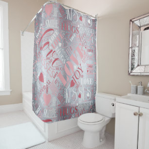 Hugs and Kisses Word Cloud Pink/Silver ID286 Shower Curtain