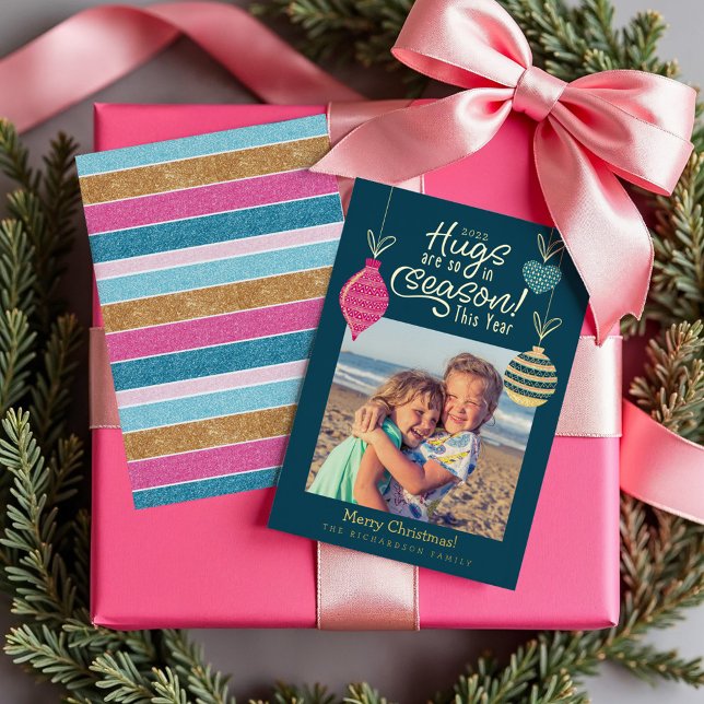 Hugs Are so in Season This Year | Fun Family Photo (Hugs Are so in Season This Year | Fun Family Photo Foil Holiday Card)