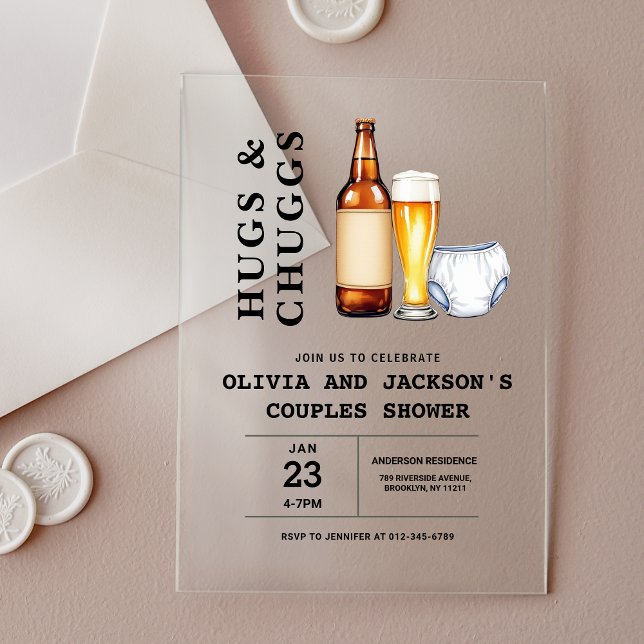 Hugs & Chuggs Beers Diapers Couples Baby Shower Acrylic Invitations (Creator Uploaded)