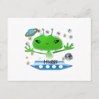Hugs Cute Green Outer Space Aliens with Space Ship