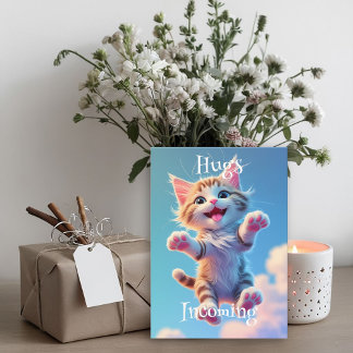 Hugs Incoming Cute Flying Tabby Kitten Birthday Card