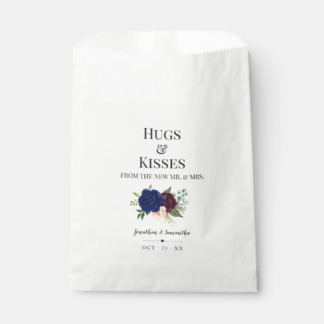 Hugs & Kisses from new Mrs navy floral wedding Favour Bags (Front)