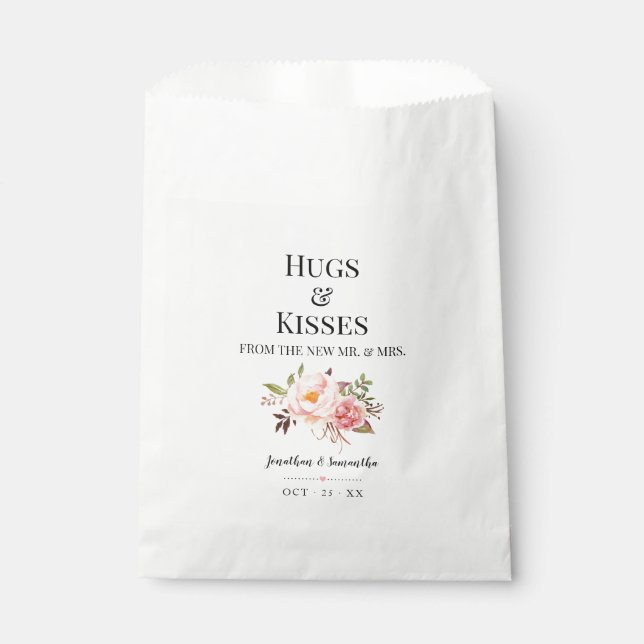 Hugs & Kisses from new Mrs pink floral wedding Favour Bags (Front)