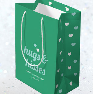 Hugs & Kisses Love Hearts Valentine's Green Teal Medium Gift Bag