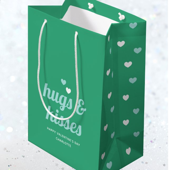 Hugs & Kisses Love Hearts Valentine's Green Teal Medium Gift Bag (Creator Uploaded)
