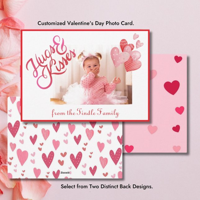Hugs & Kisses Photo Valentine Horizontal Holiday Card (Horizontal Photo Valentine's Day Greeting Card)