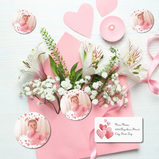 Hugs & Kisses Photo with Pink Hearts Valentine  Classic Round Sticker (Stickers and Mailing Labels)