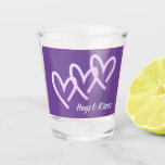 Hugs & Kisses Purple Heart Shot Glass<br><div class="desc">Triple heart purple shot glasses. This is such a sweet valentines day gift for all the loving sister,  mum or aunty out there.  Edit text to change name or edit colour of background. Drink with love in mind.</div>