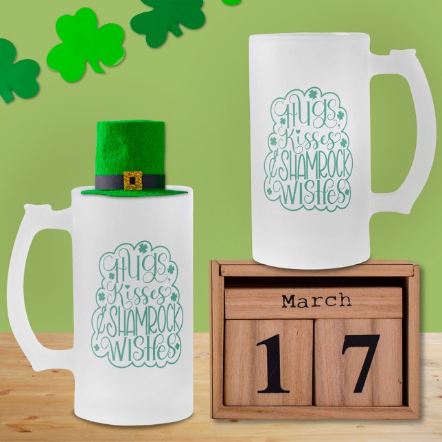 Hugs, Kisses & Shamrock Wishes St. Patrick’s Day Frosted Glass Beer Mug (Creator Uploaded)