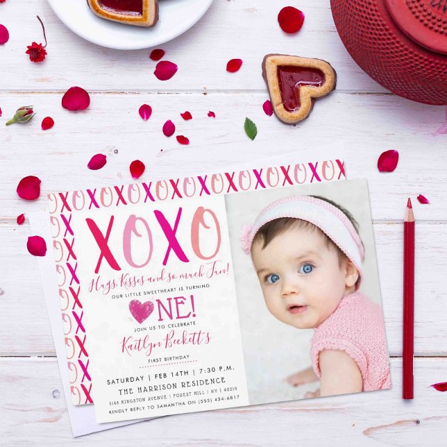 Hugs & Kisses Valentine's Day 1st Birthday Photo Invitation (Creator Uploaded)