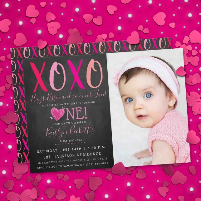 Hugs & Kisses Valentine's Day 1st Birthday Photo Invitation (Creator Uploaded)