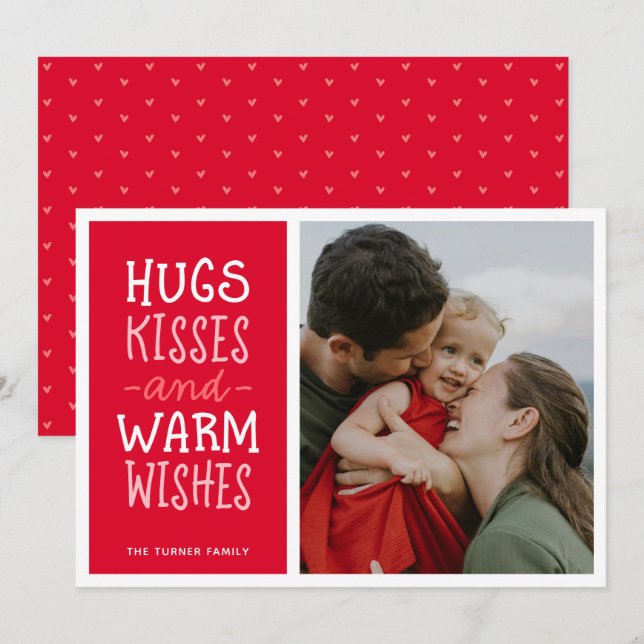 Hugs Kisses Warm Wishes Cute Simple Red One Photo Holiday Card (Front/Back)