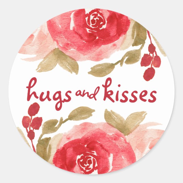 Hugs & Kisses Watercolor Red Rose Valentine Classic Round Sticker (Front)