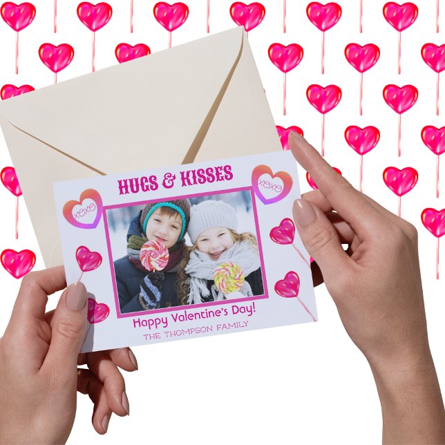 Hugs & Kisses XOXO Cute Pink Lollipops Heart Photo Holiday Card (Creator Uploaded)