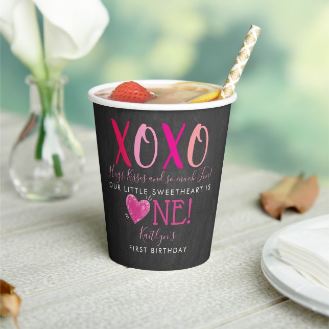 Hugs & Kisses (XOXO) Valentine's Day 1st Birthday Paper Cups (Insitu)