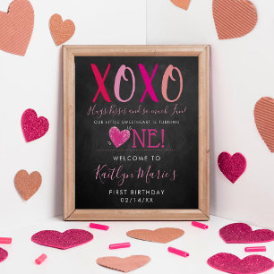 Hugs & Kisses (XOXO) Valentine's Day 1st Birthday Poster