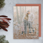 Hugs Love and Joy | Terracotta Burnt Orange Modern Holiday Card<br><div class="desc">Simple, stylish, trendy flat holiday photo card with modern minimal typography quote "Hugs Love & Joy" in white with a clean simple white border. The name and greeting can be easily customised for a personal touch. A bold, minimalist and contemporary christmas design with a terracotta burnt orange rust feature colour...</div>