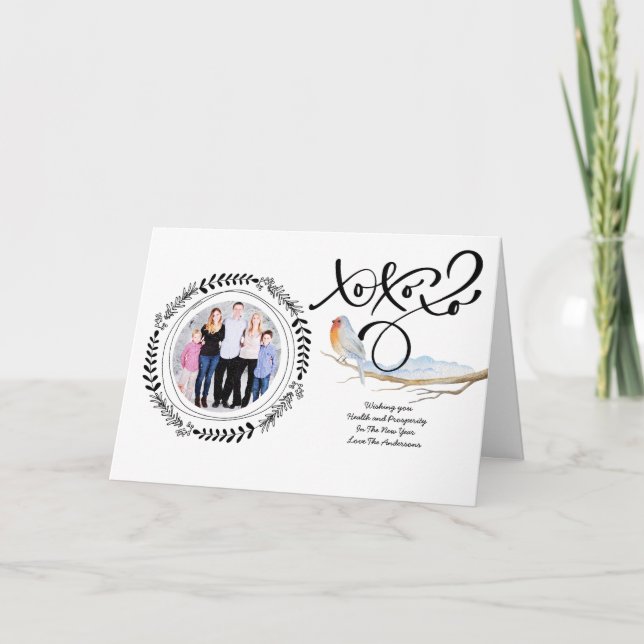 HUGS n KISSES PHOTO Xmas Card Modern Robin (Front)