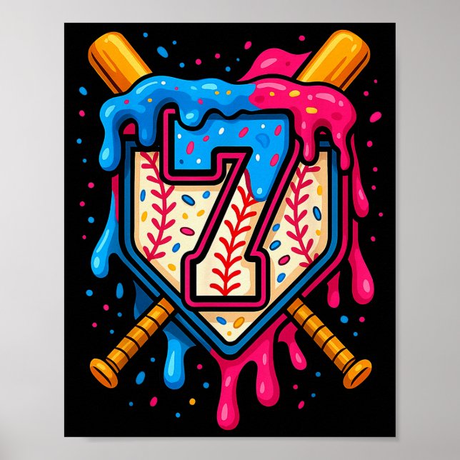 Hugvyn 7th Birthday Baseball Ice Cream Drip Number Poster (Front)