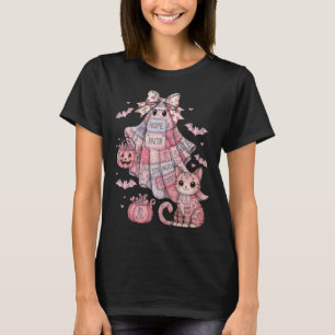 Hugvyn Breast Cancer Patchwork Halloween Pink Ghos T-Shirt