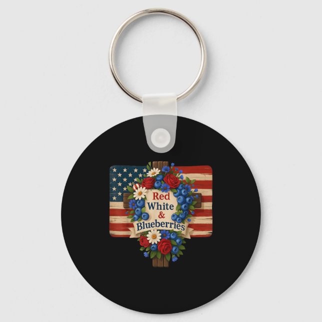 Hugvyn God Bless Blueberries America Floral Patrio Key Ring (Front)