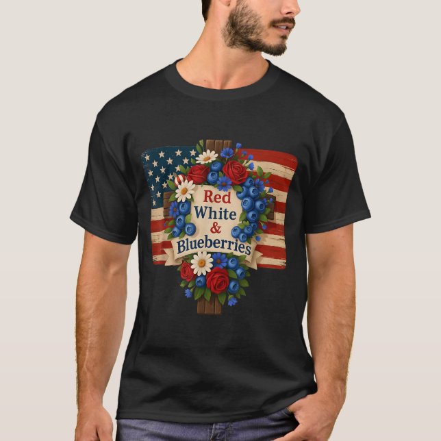 Hugvyn God Bless Blueberries America Floral Patrio T-Shirt (Front)