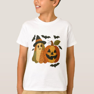 Hugvyn Halloween Preppy Patchwork Pumpkin Floral A T-Shirt
