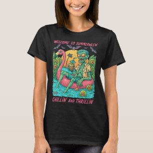 Hugvyn Halloween Summerween Zombie Float Flamingo  T-Shirt