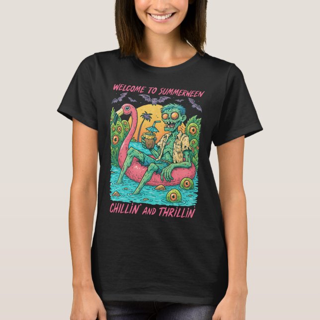 Hugvyn Halloween Summerween Zombie Float Flamingo  T-Shirt (Front)