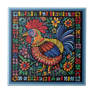 Huichol Loteria Ceramic Tile: El Gallo Tile