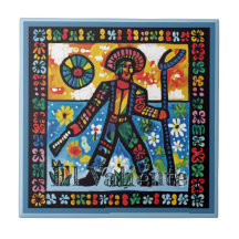 Huichol Loteria Ceramic Tile: El Valiente