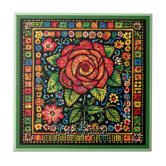 Huichol Loteria Ceramic Tile: La Rosa Ceramic Tile (Front)