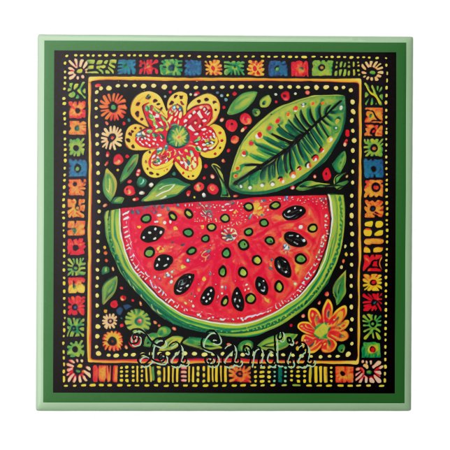 Huichol Loteria Ceramic Tile: La Sandia Tile (Front)