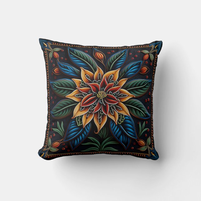Huichol mexican style lily throw pillow (Front)
