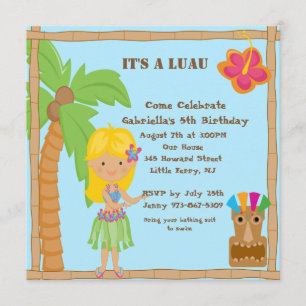 Hula Blonde Girl Luau Square Birthday Invitation