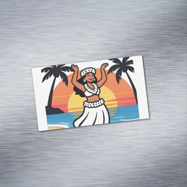 Hula dance beach party sunset tropical island art magnetic business card (In Situ)