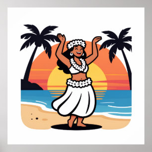 Hula dance beach party sunset tropical island art poster