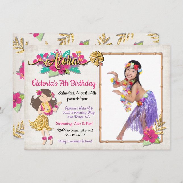 Hula Girl Tropical Birthday Photo Invitation (Front/Back)
