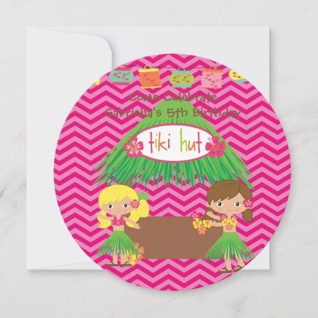 Hula Girls Tiki Hut Round Luau Birthday Invitation (Front)