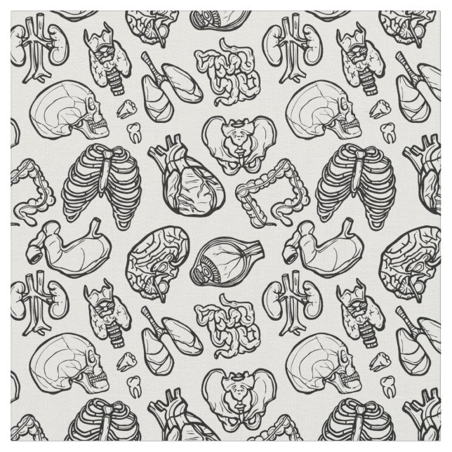 Human Anatomy Weird Science Bio Skull Halloween Fabric (Close Up)