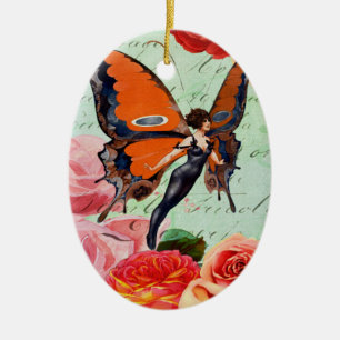 Human-Animal Hybrid Butterfly Woman with Roses Ceramic Tree Decoration