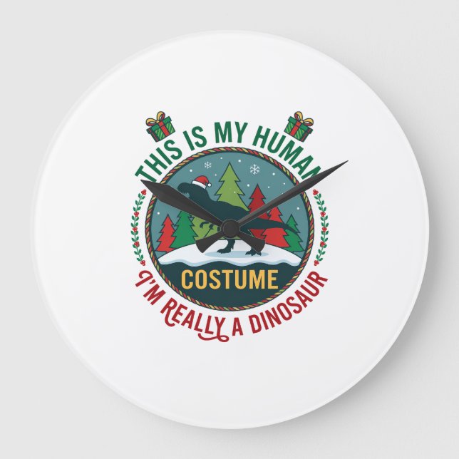 Human Costume Dinosaur Christmas Santa Hat Pine Tr Large Clock (Front)