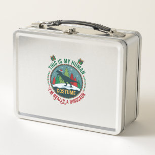 Human Costume Dinosaur Christmas Santa Hat Pine Tr Metal Lunch Box