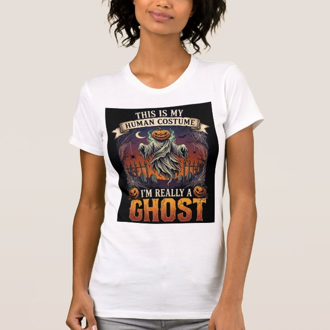 Human Costume Ghost Pumpkin Head Graveyard Spider  T-Shirt (Front)