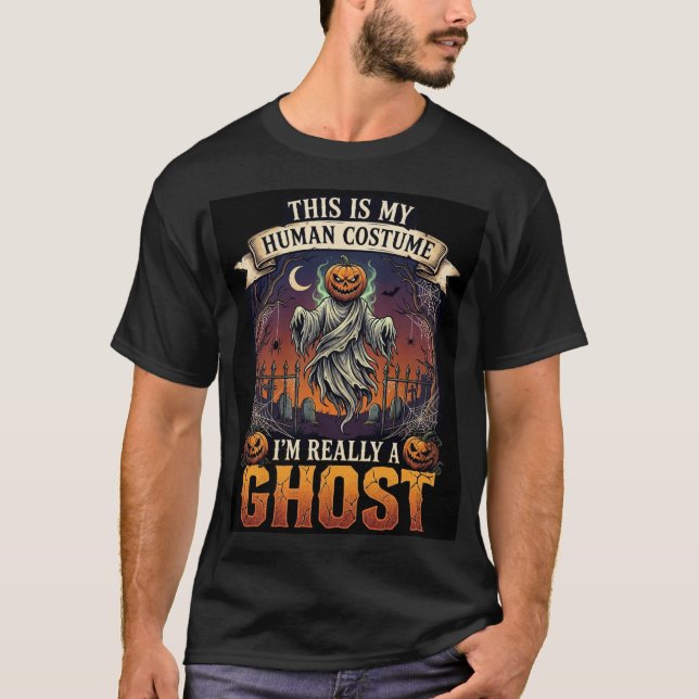 Human Costume Ghost Pumpkin Head Graveyard Spider  T-Shirt (Front)