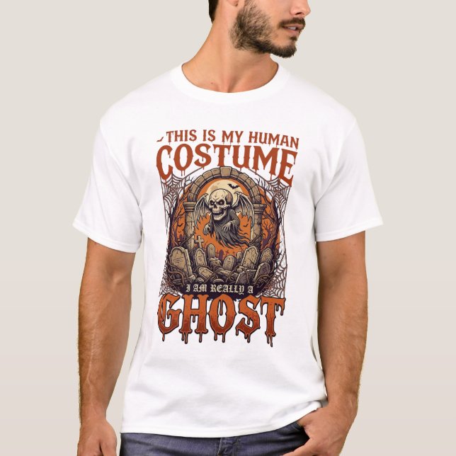Human Costume Ghost Skeleton Graveyard Moon Hallow T-Shirt (Front)
