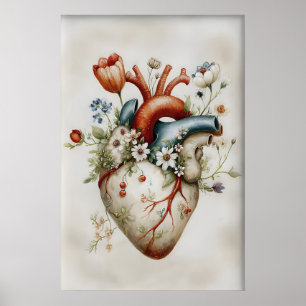 Human Heart Flowers Print, Anatomical Vintage Poster
